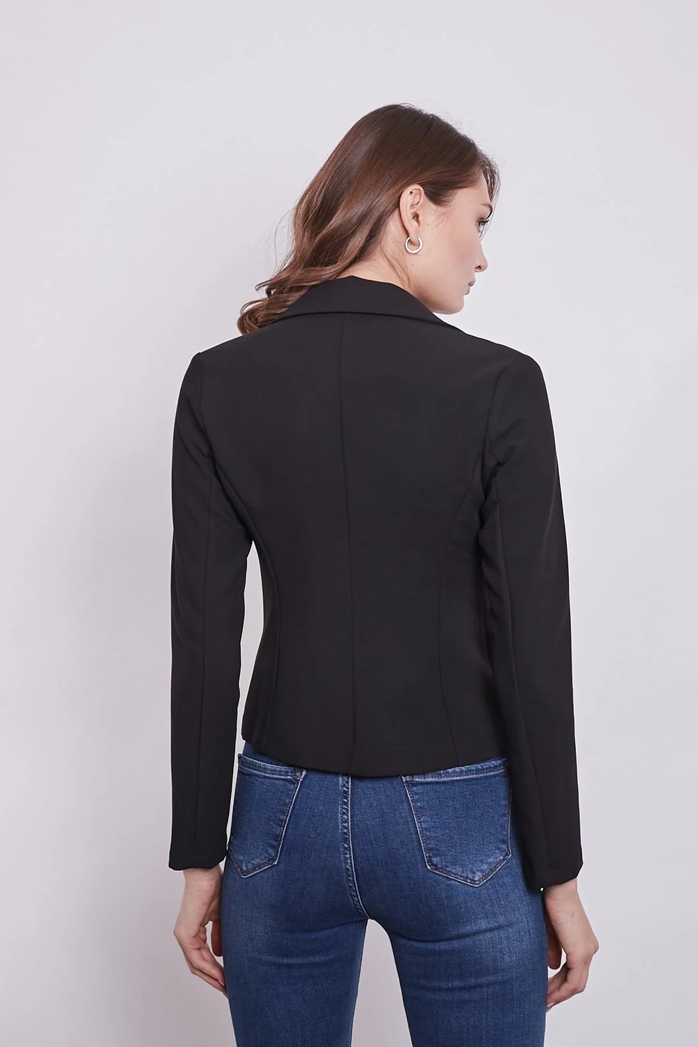 Jument Yakalı Flato Cepli Uzun Kol Pamuklu Kumaş Kısa Blazer Ofis Ceket-Siyah görsel 6