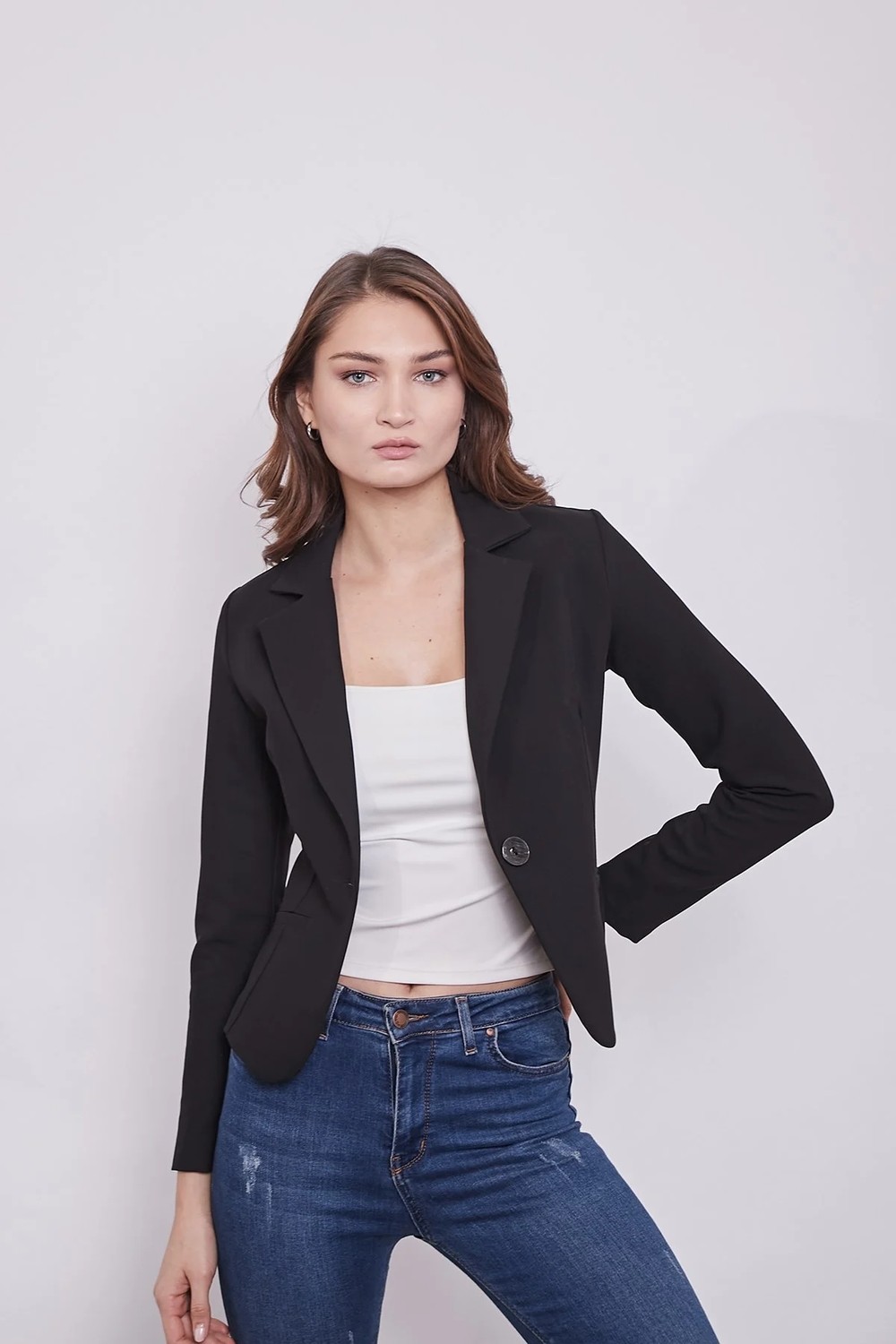 Jument Yakalı Flato Cepli Uzun Kol Pamuklu Kumaş Kısa Blazer Ofis Ceket-Siyah görsel 7