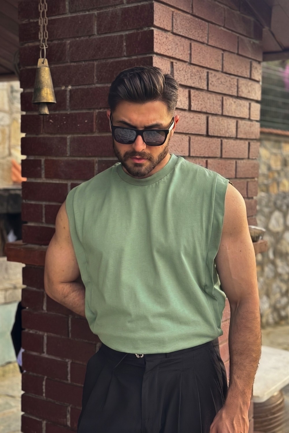 Guaraz Erkek Siyah Basketci Sıfır Kol Bisiklet Yaka Oversıze Kolsuz Kejıl T-Shirt