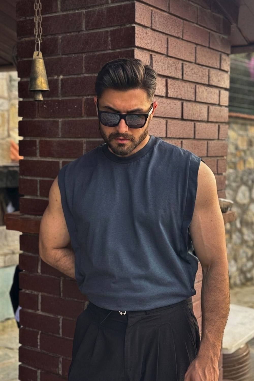 Guaraz Erkek Siyah Basketci Sıfır Kol Bisiklet Yaka Oversıze Kolsuz Kejıl T-Shirt