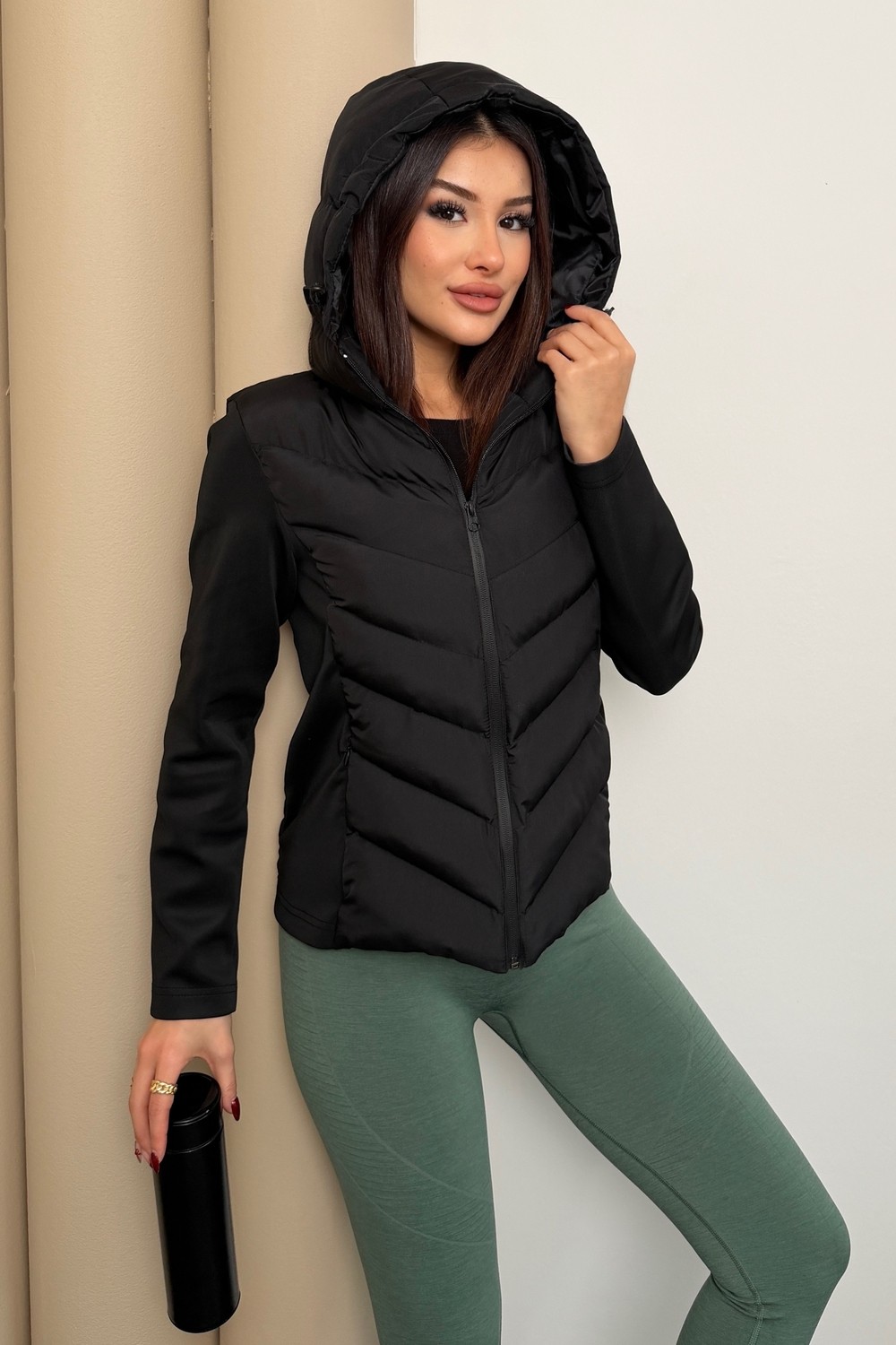 Moda Armanc Kadın Siyah Kapüşonlu Termal Şişme Mont - Zr Range Rover Mom Kontrast Ceket görsel 3