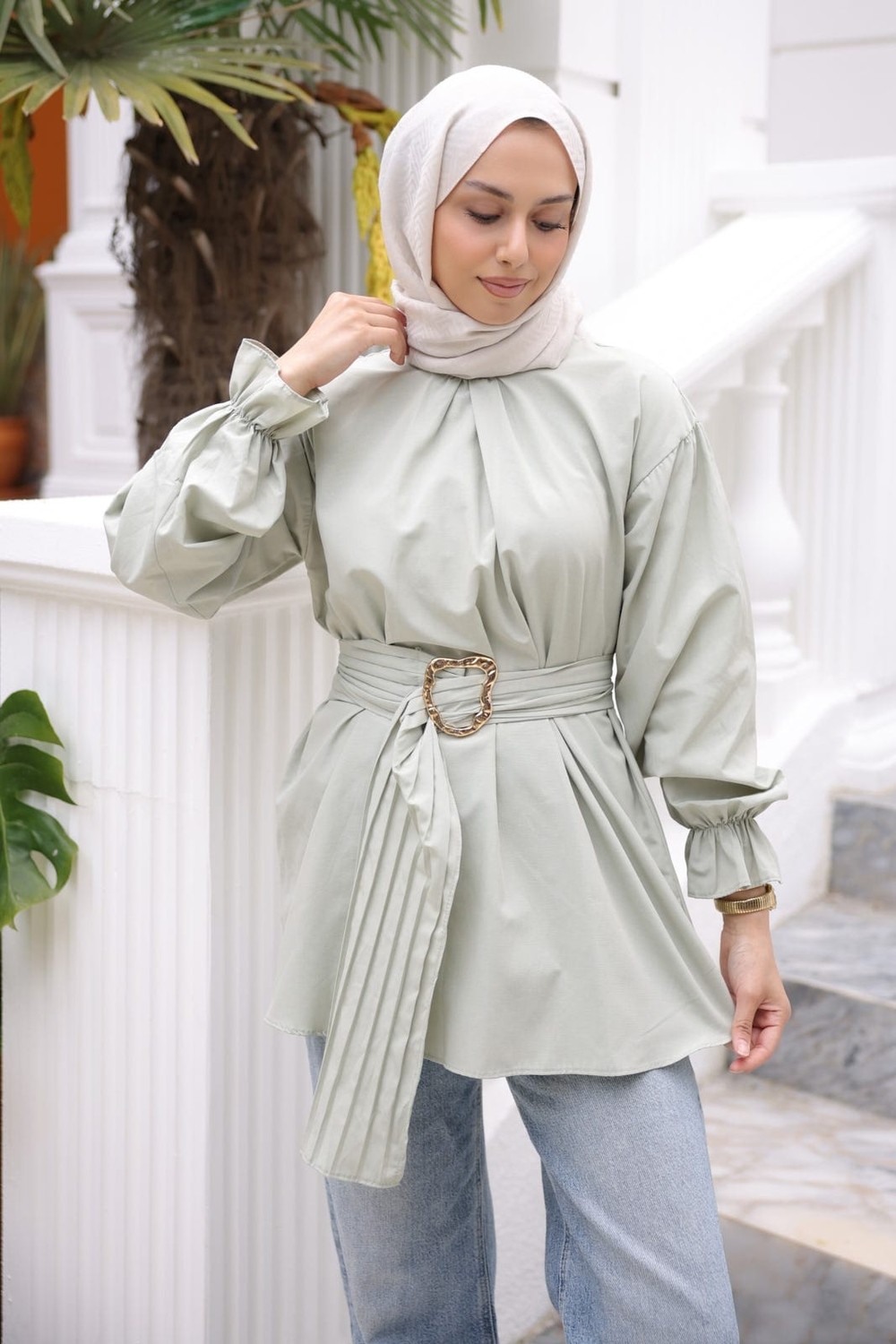 İmaj Butik Bebe Mavi Kol Lastikli Kemerli Gömlek