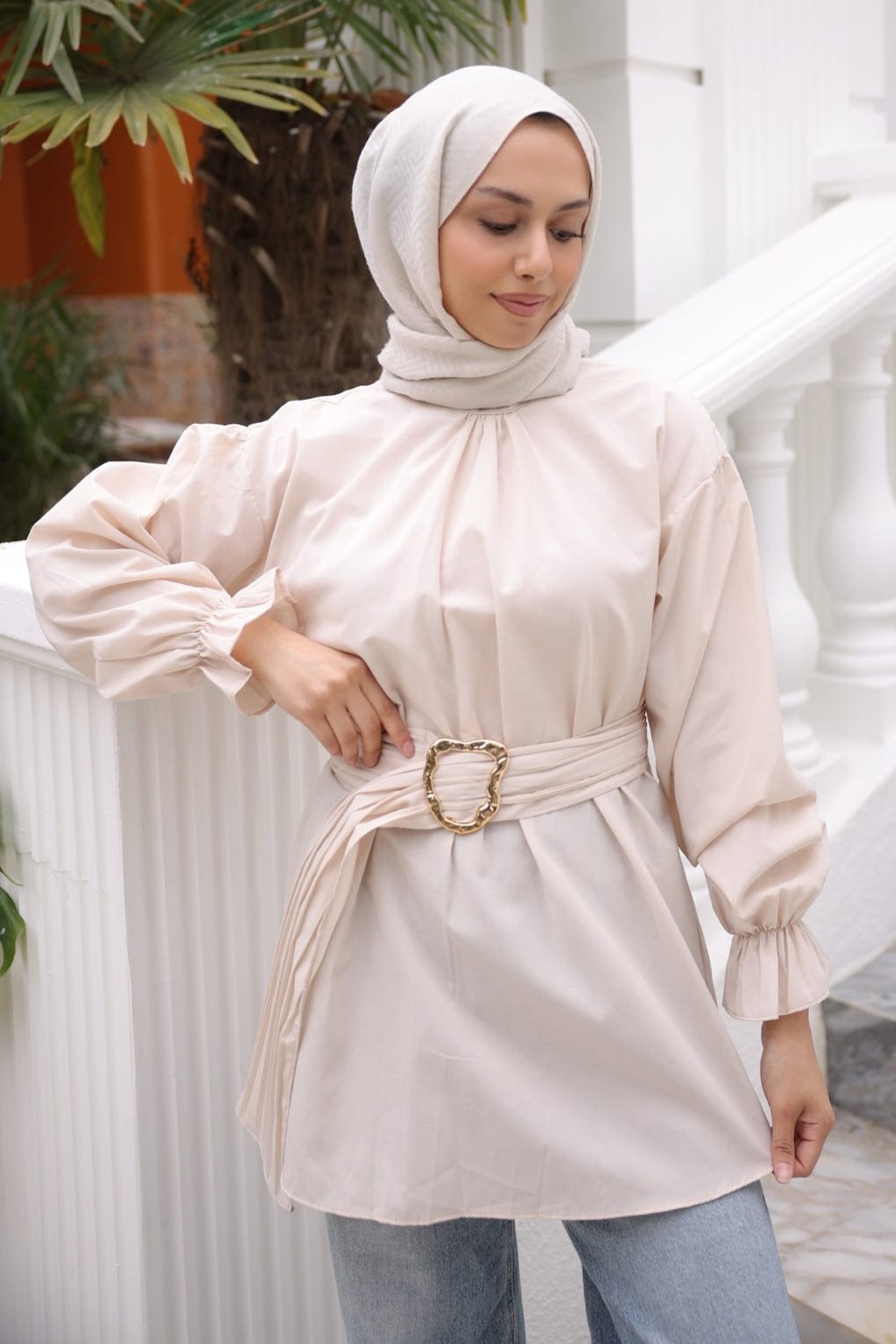 İmaj Butik Bebe Mavi Kol Lastikli Kemerli Gömlek