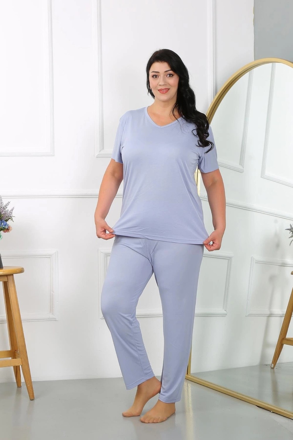 mery Kadın Büyük Beden Kısa Kol Penye Pijama Takımı Lila Mery