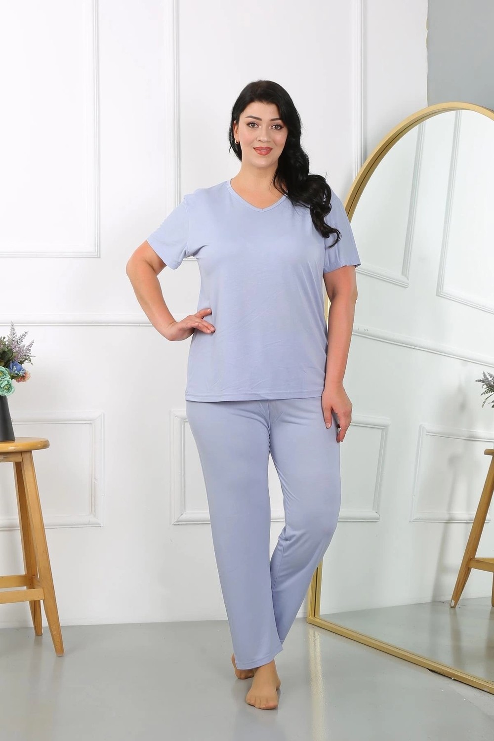 mery Kadın Büyük Beden Kısa Kol Penye Pijama Takımı Lila Mery görsel 2