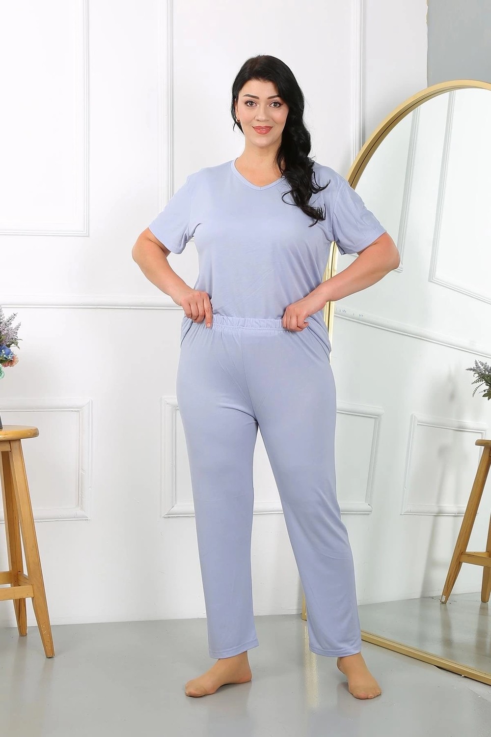 mery Kadın Büyük Beden Kısa Kol Penye Pijama Takımı Lila Mery görsel 3