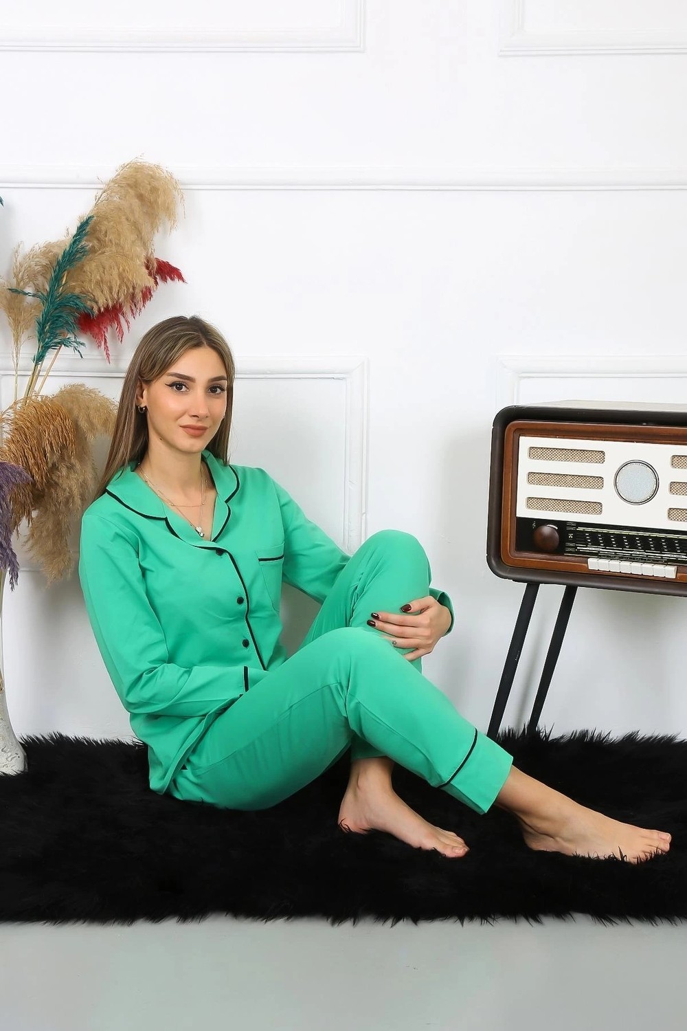 mery Kadın Pamuk Penye Önden Düğmeli Uzun Kol Yeşil Pijama Takım Mery görsel 2