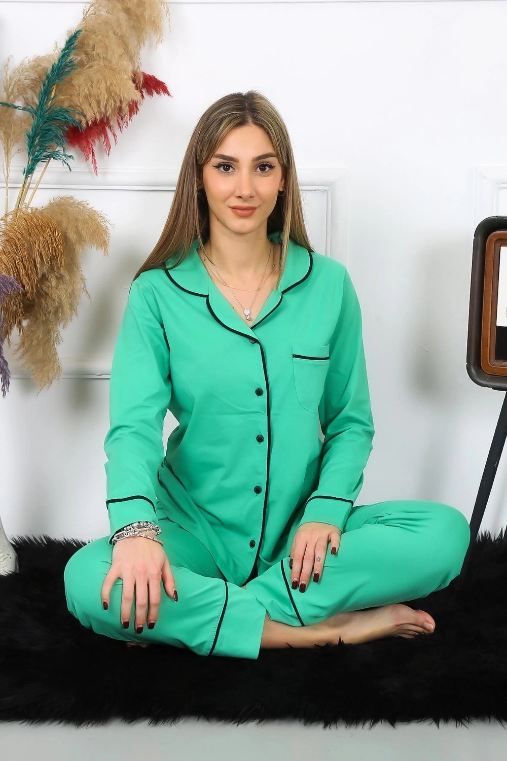 mery Kadın Pamuk Penye Önden Düğmeli Uzun Kol Yeşil Pijama Takım Mery görsel 3