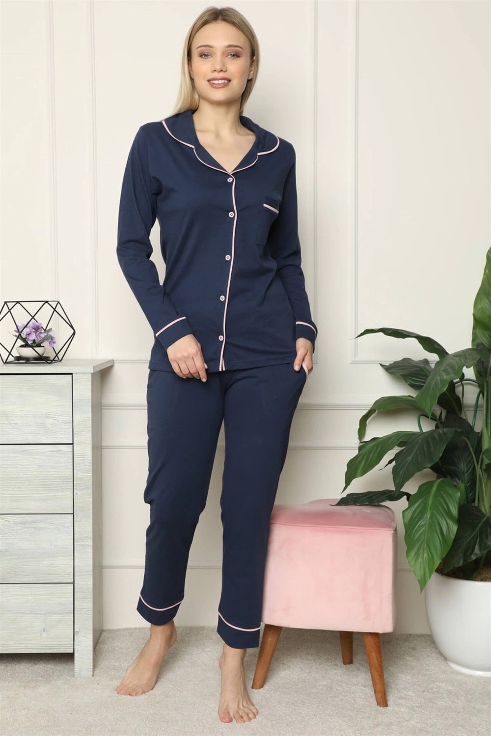 mery Kadın %100 Pamuk Penye Önden Düğmeli Uzun Kol Pijama Takım Lacivert Mery