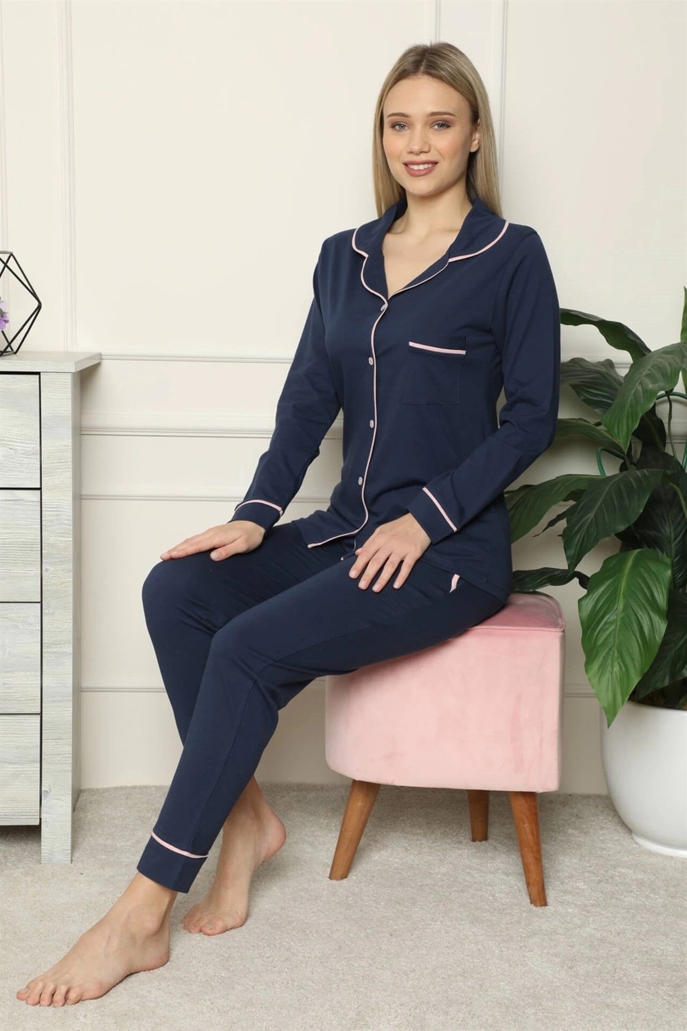 mery Kadın %100 Pamuk Penye Önden Düğmeli Uzun Kol Pijama Takım Lacivert Mery görsel 2