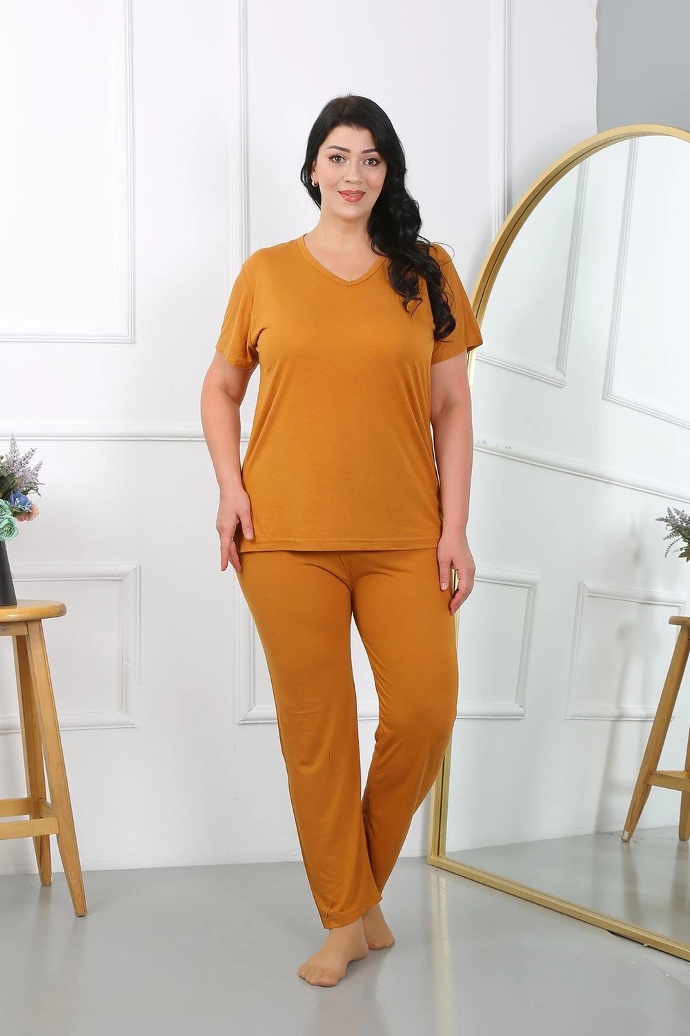 mery Kadın Büyük Beden Kısa Kol Penye Pijama Takımı Hardal Mery