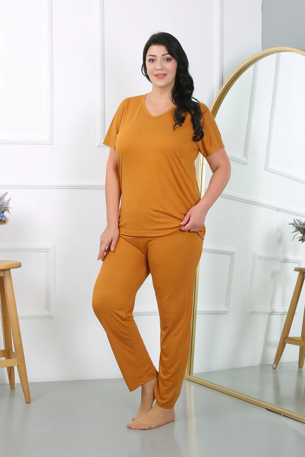 mery Kadın Büyük Beden Kısa Kol Penye Pijama Takımı Hardal Mery görsel 2