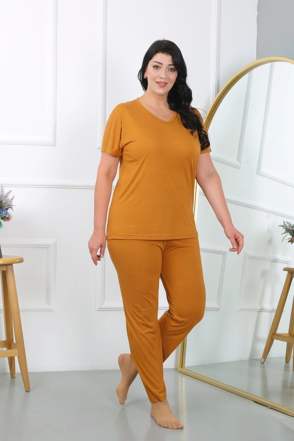 mery Kadın Büyük Beden Kısa Kol Penye Pijama Takımı Hardal Mery görsel 3