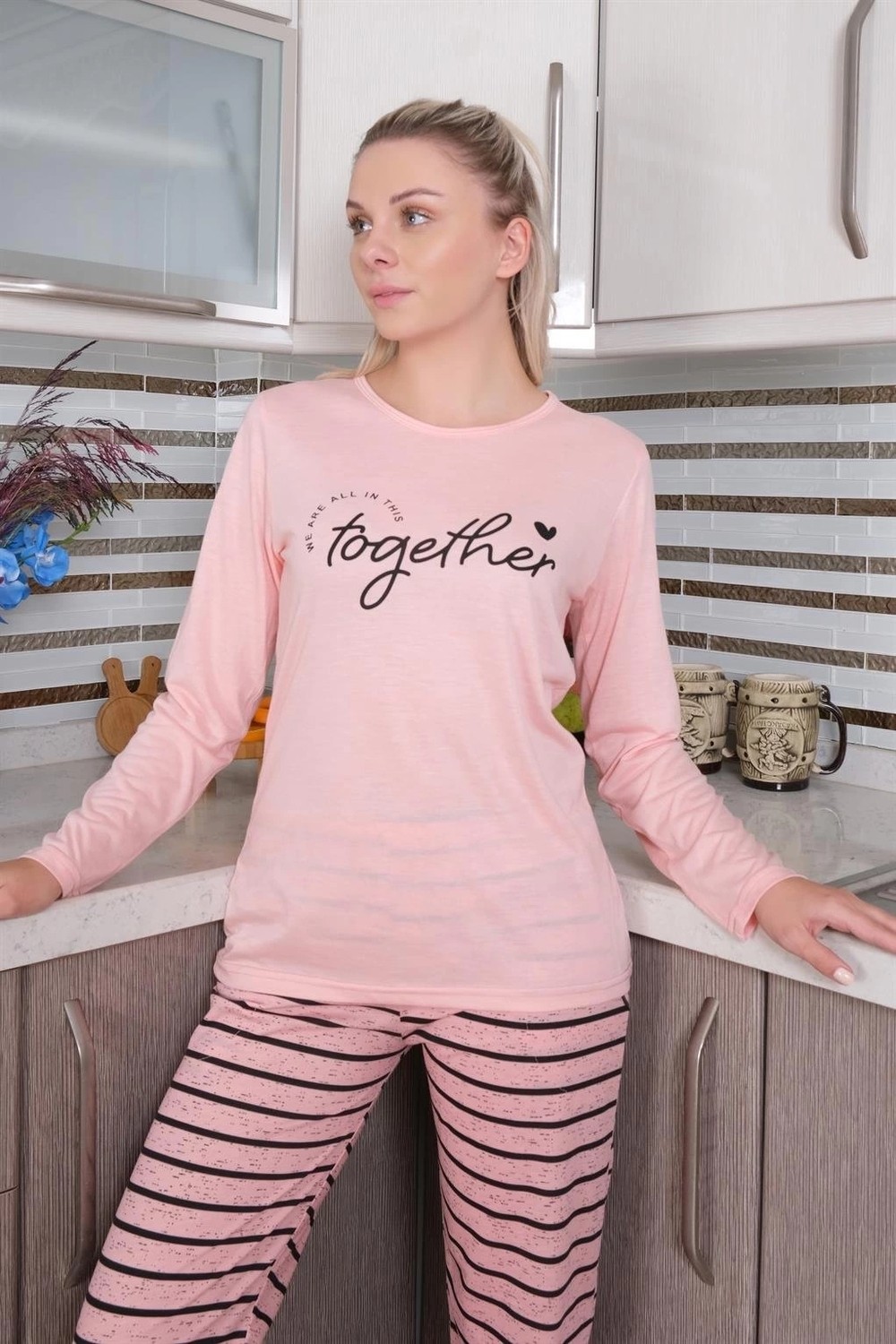 mery Kadın Penye Uzun Kol Pijama Takım Pembe Mery görsel 4