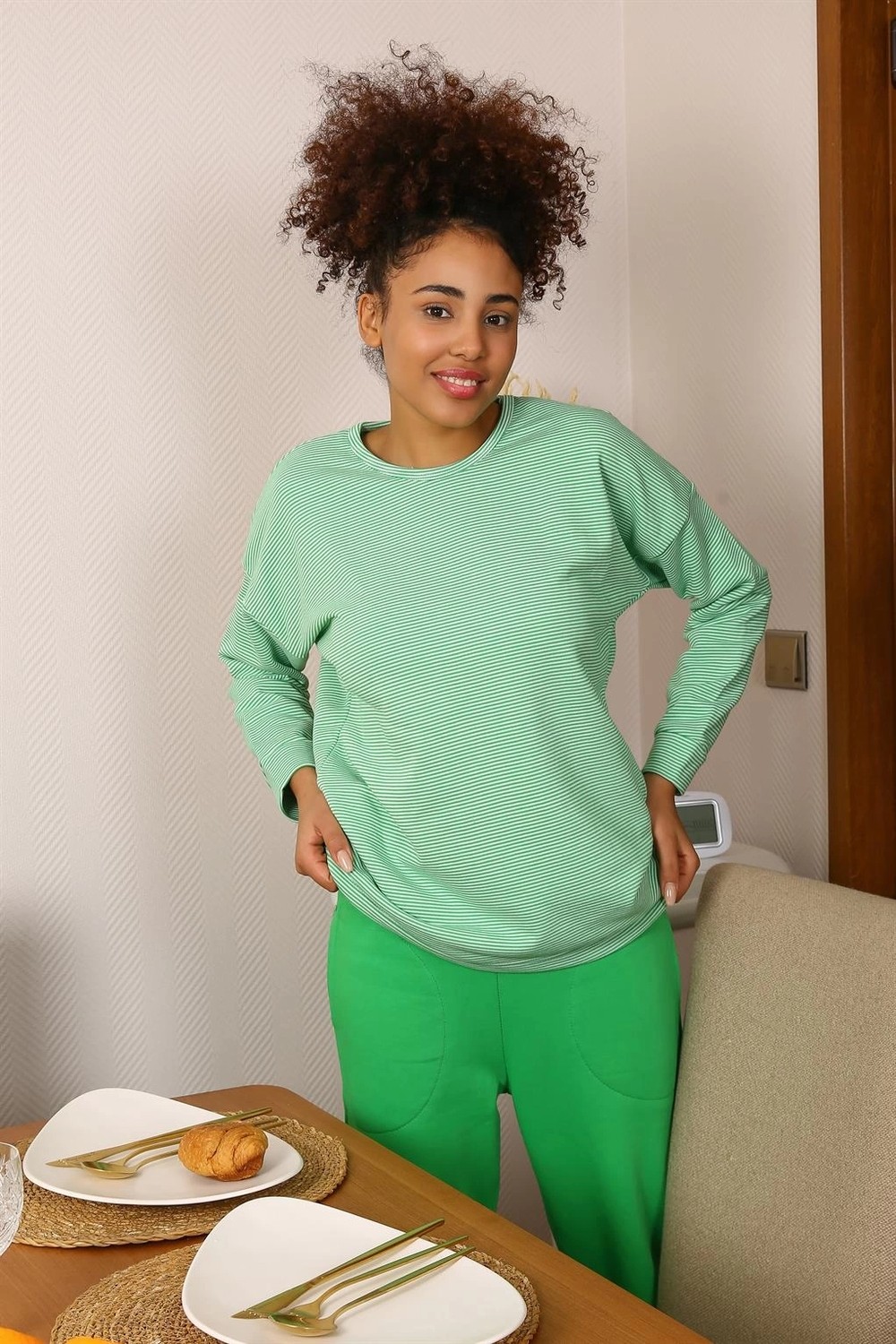 mery Kadın Uzun Kol 3 Iplik Penye Pijama Takım Yeşil Mery