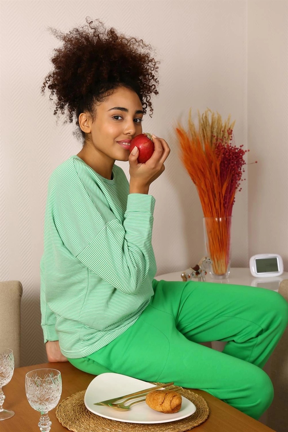 mery Kadın Uzun Kol 3 Iplik Penye Pijama Takım Yeşil Mery görsel 4
