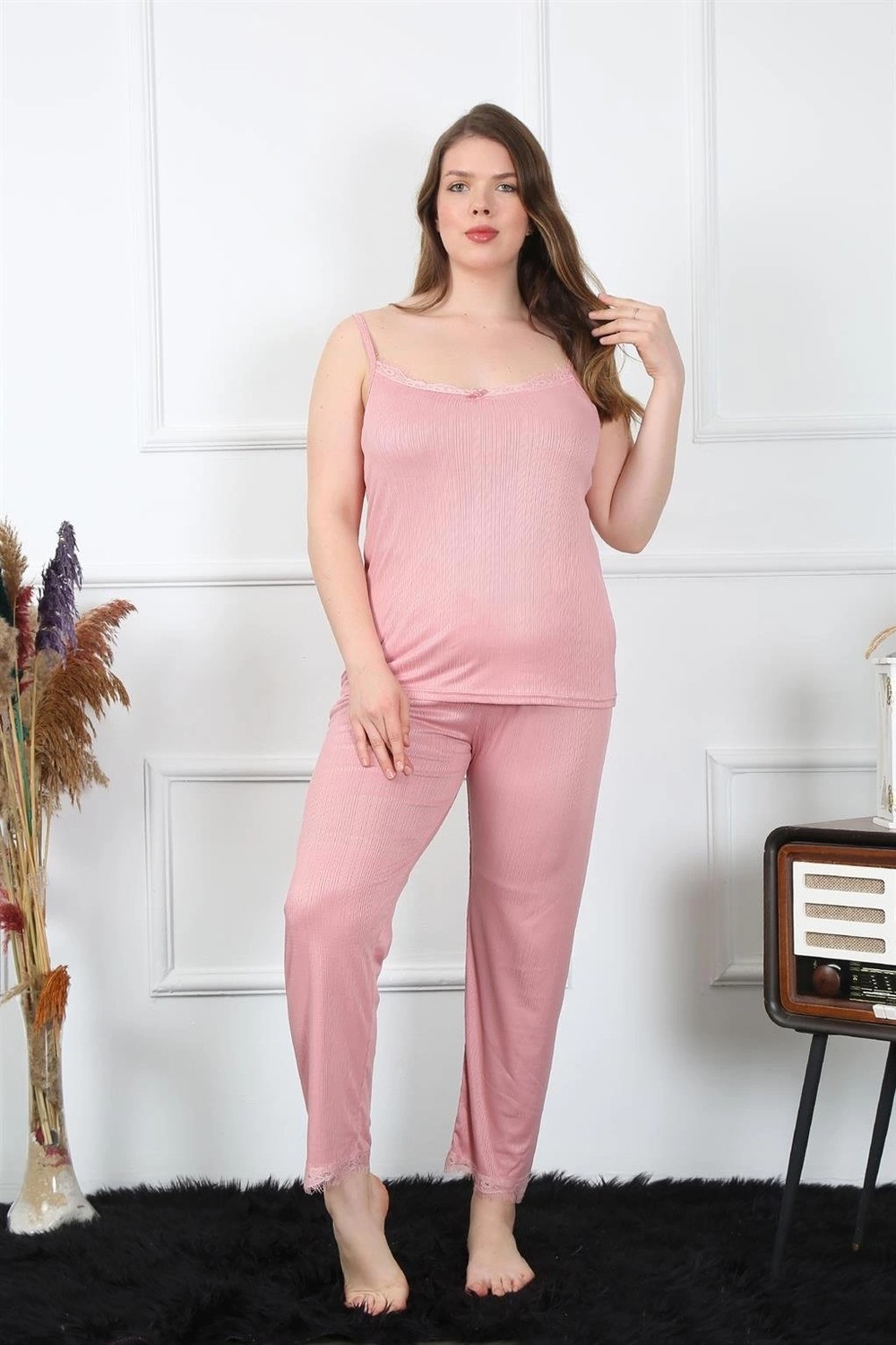 mery Kadın Büyük Beden Pudra Ip Askılı Pijama Takım Mery