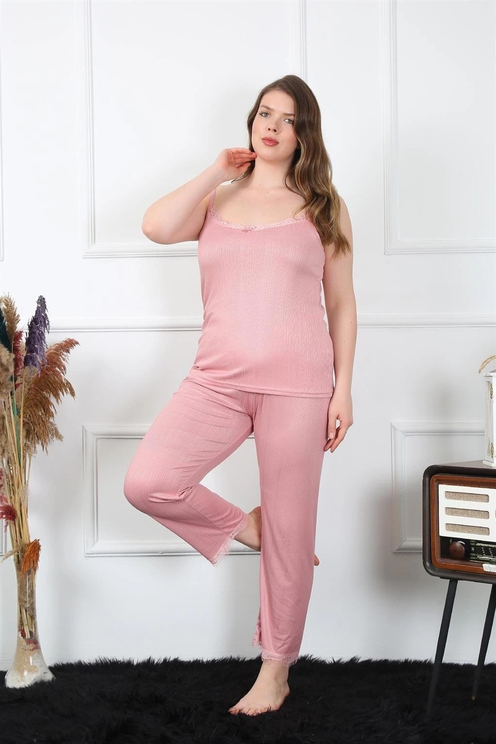 mery Kadın Büyük Beden Pudra Ip Askılı Pijama Takım Mery görsel 2