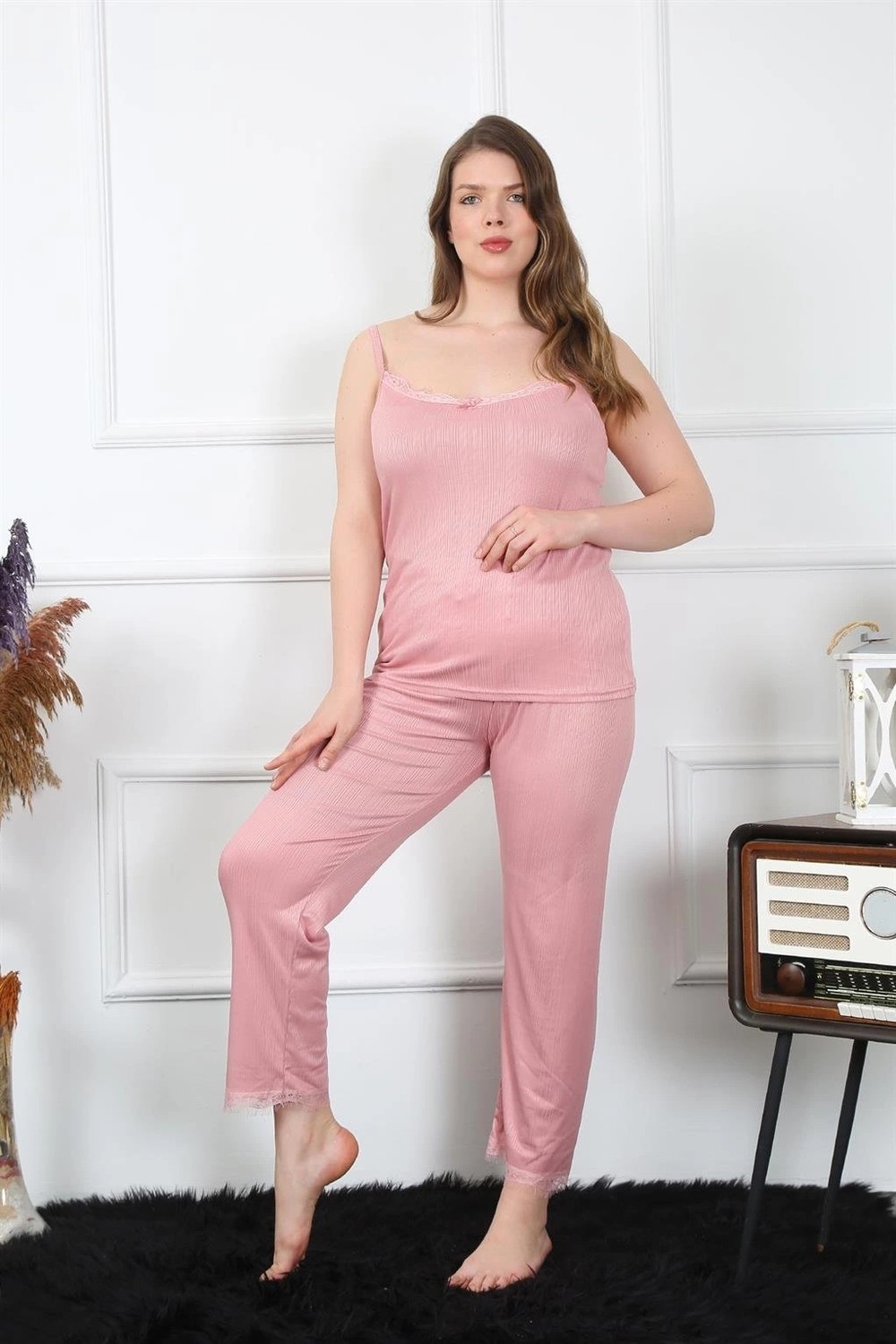 mery Kadın Büyük Beden Pudra Ip Askılı Pijama Takım Mery görsel 3