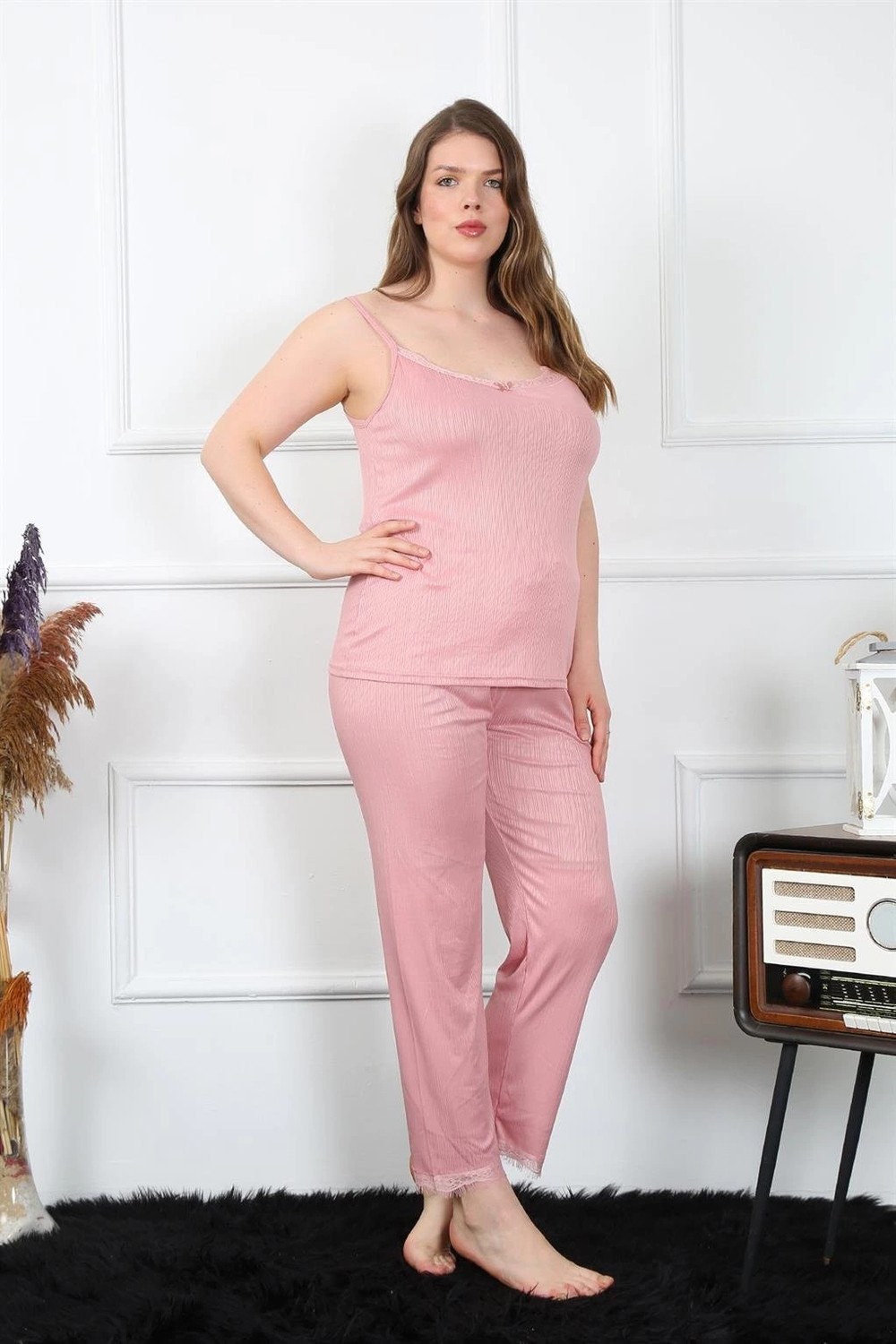 mery Kadın Büyük Beden Pudra Ip Askılı Pijama Takım Mery görsel 4