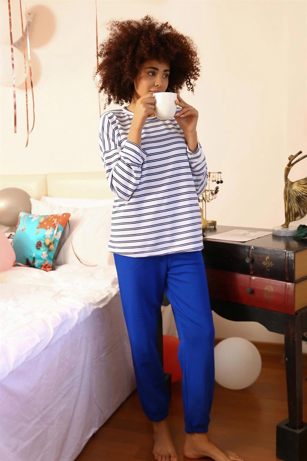 mery Kadın Uzun Kol 3 Iplik Penye Pijama Takım Beyaz Mery
