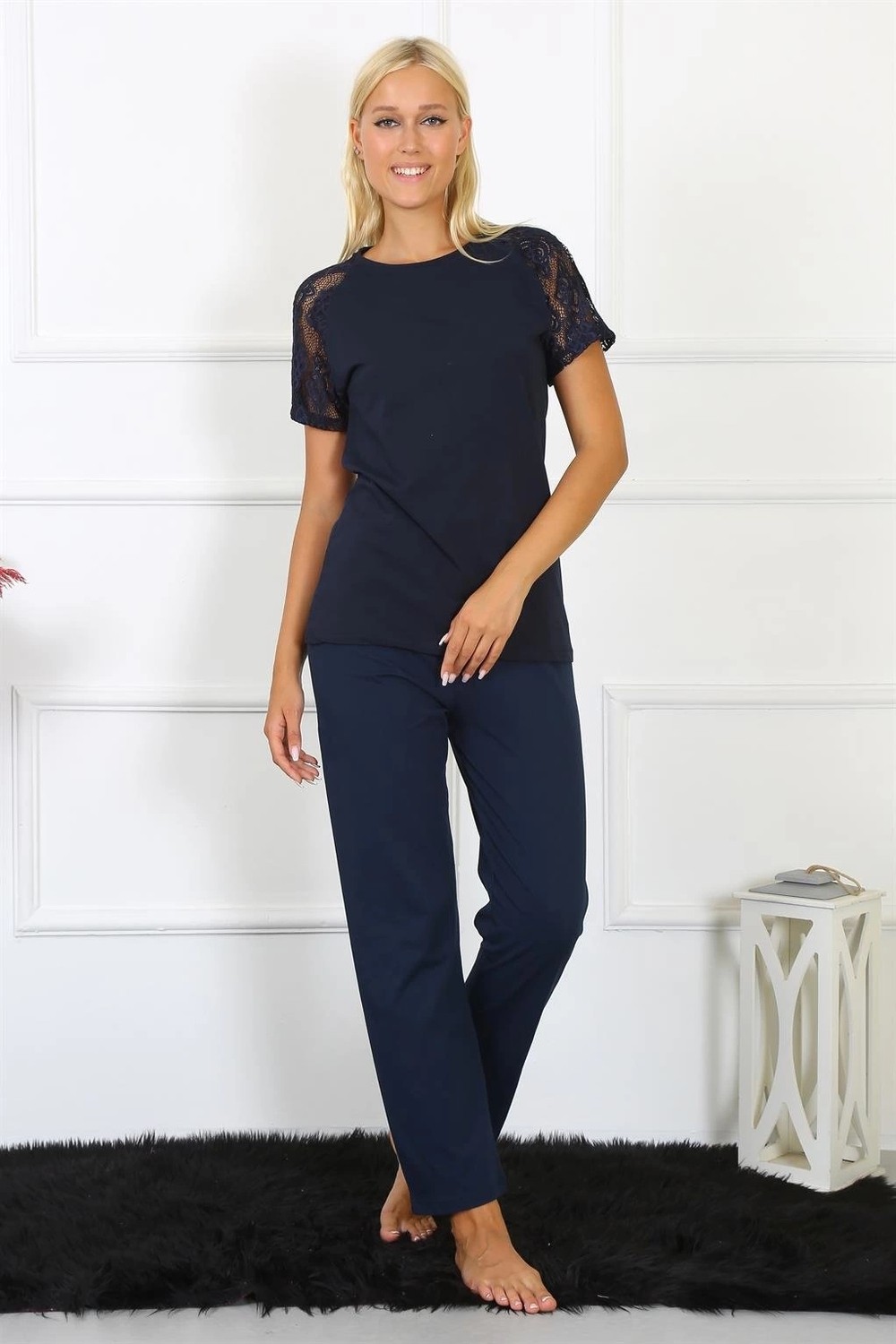 mery Kadın Kolu Dantelli Penye Pijama Takım Lacivert Mery görsel 4
