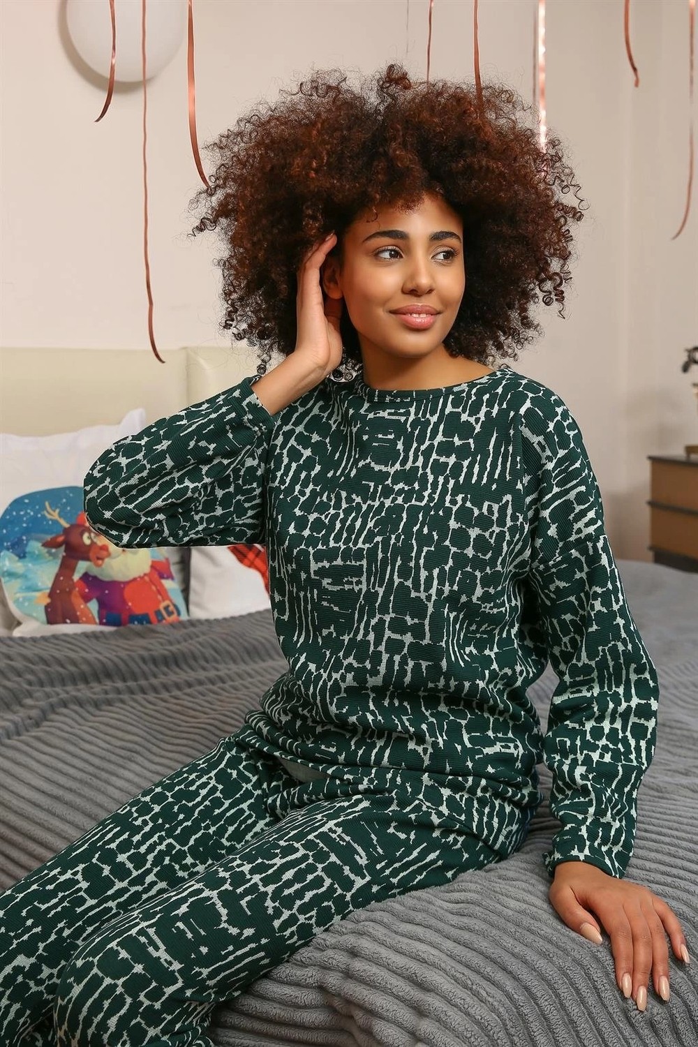 mery Kadın Uzun Kol 3 Iplik Penye Pijama Takım Yeşil Mery görsel 2