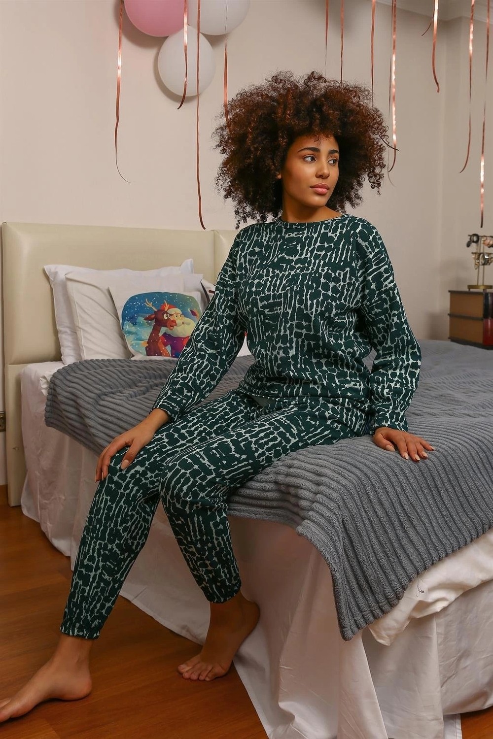 mery Kadın Uzun Kol 3 Iplik Penye Pijama Takım Yeşil Mery görsel 3