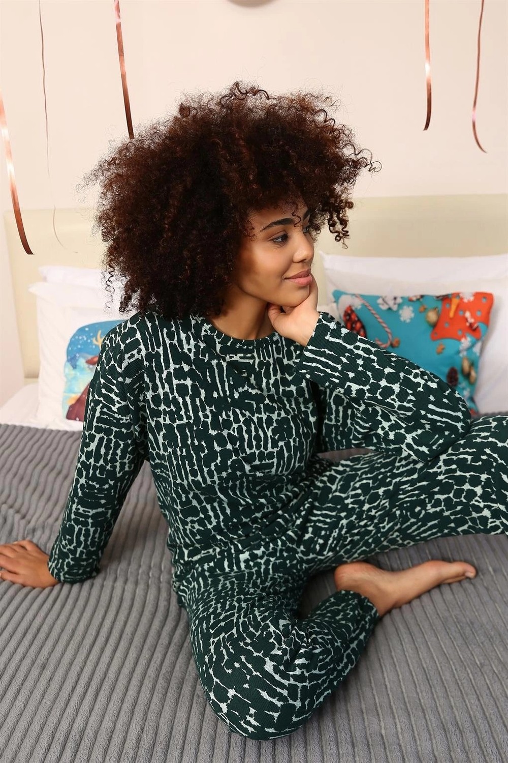 mery Kadın Uzun Kol 3 Iplik Penye Pijama Takım Yeşil Mery görsel 4