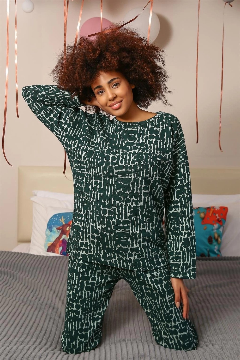 mery Kadın Uzun Kol 3 Iplik Penye Pijama Takım Yeşil Mery görsel 5
