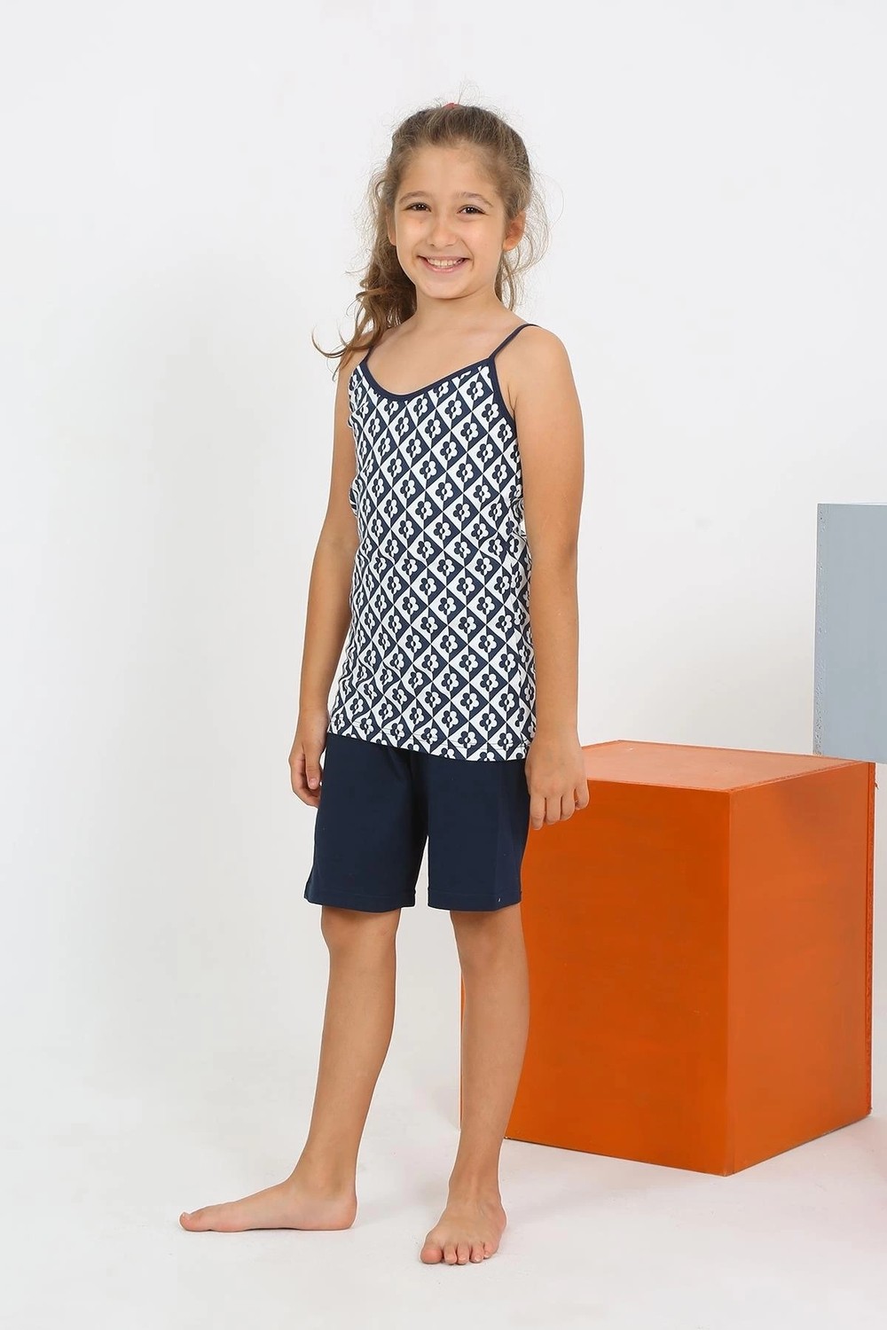 mery Kız Çocuk Ip Askılı Şortlu Penye Lacivert Pijama Takım Mery görsel 2