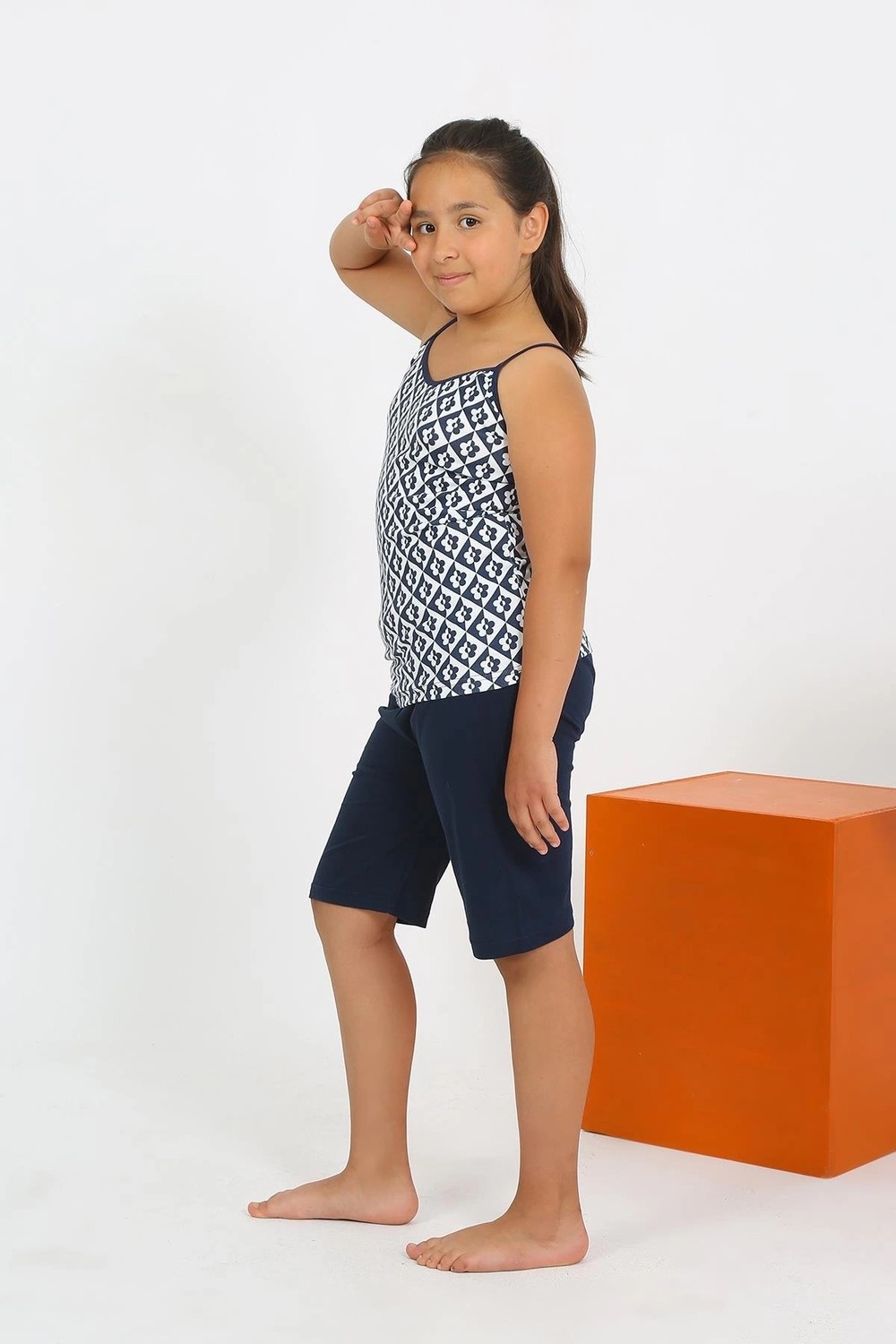 mery Kız Çocuk Ip Askılı Şortlu Penye Lacivert Pijama Takım Mery görsel 3