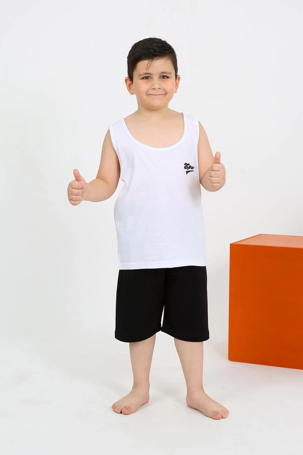 mery Erkek Çocuk Sıfır Kol Şortlu Beyaz Penye Pijama Takımı Mery