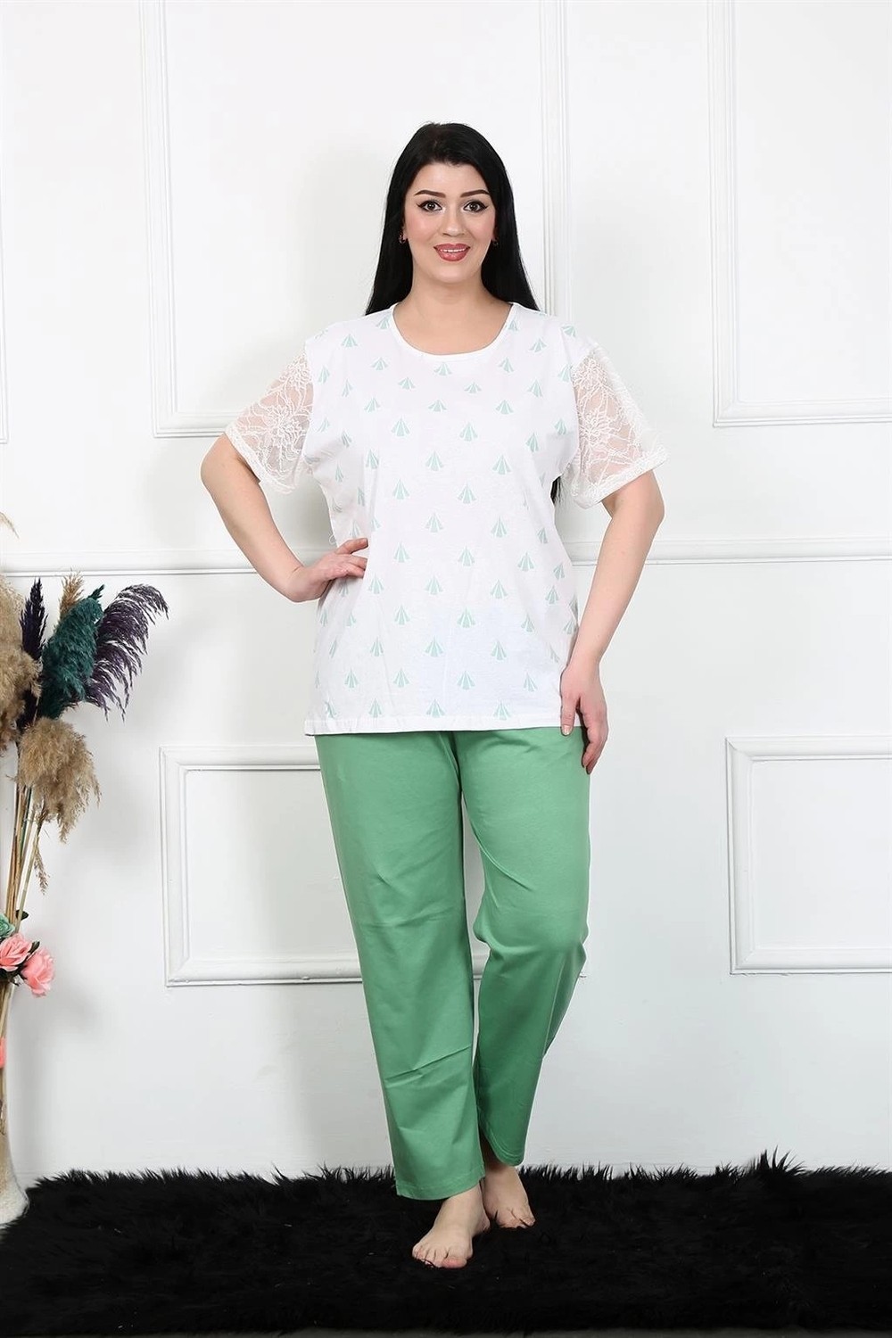 mery Kadın 5xl-6xl-7xl-8xl Büyük Beden Kısa Kol Pijama Takım Beyaz Mery
