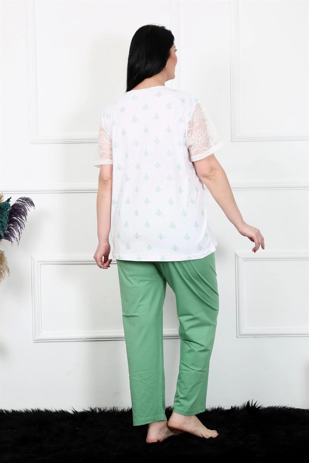 mery Kadın 5xl-6xl-7xl-8xl Büyük Beden Kısa Kol Pijama Takım Beyaz Mery görsel 4
