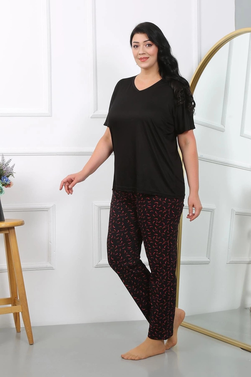 mery Kadın Büyük Beden Kısa Kol Penye Pijama Takımı Siyah Mery