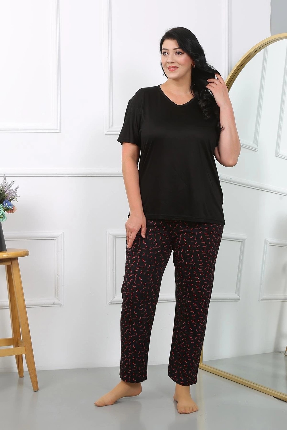 mery Kadın Büyük Beden Kısa Kol Penye Pijama Takımı Siyah Mery görsel 2
