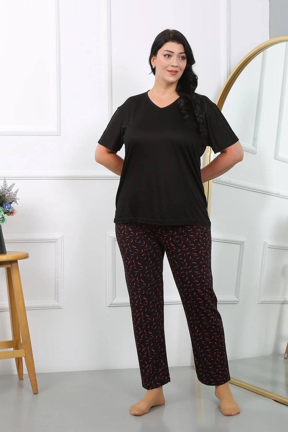 mery Kadın Büyük Beden Kısa Kol Penye Pijama Takımı Siyah Mery görsel 3
