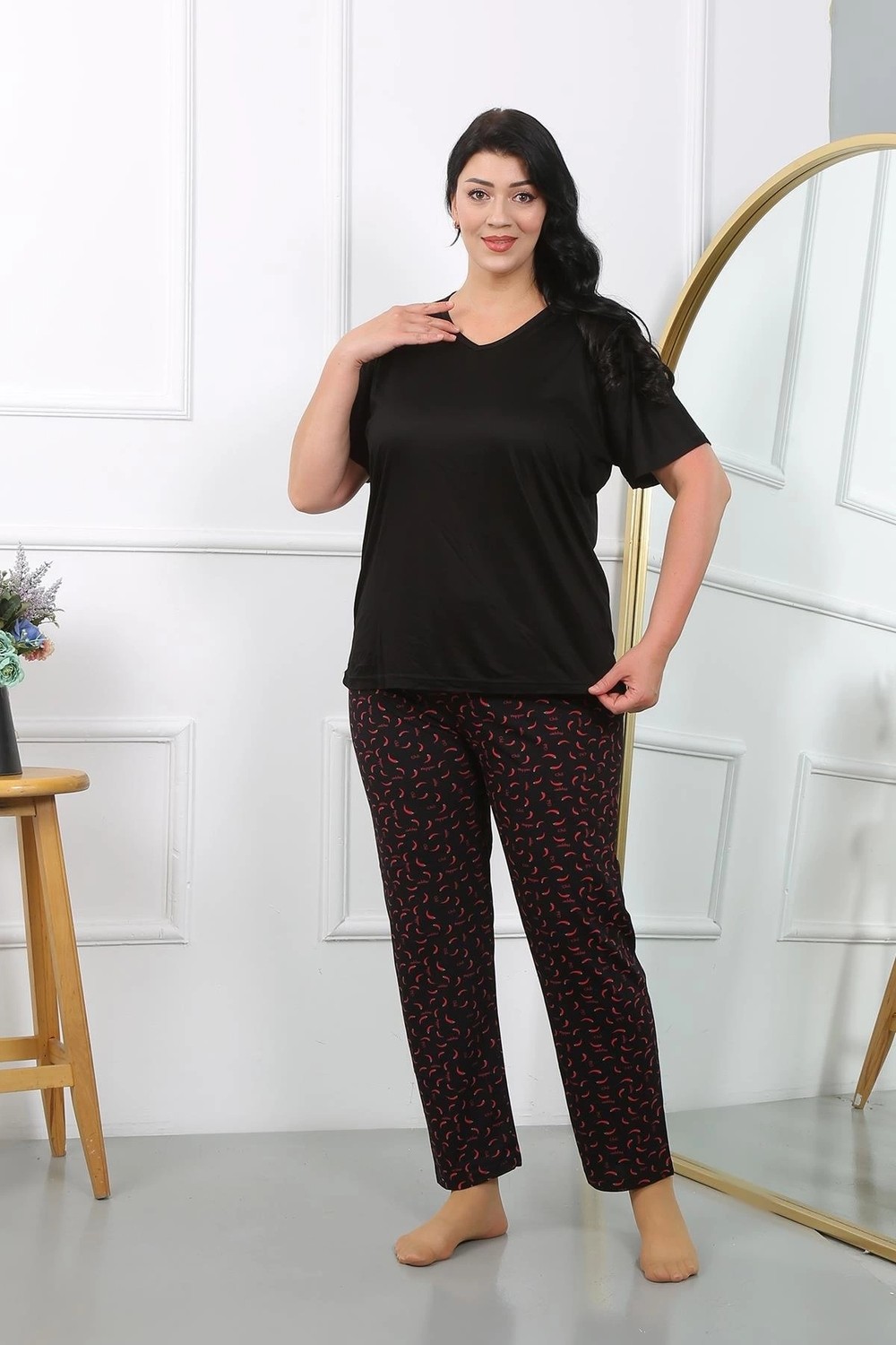 mery Kadın Büyük Beden Kısa Kol Penye Pijama Takımı Siyah Mery görsel 5