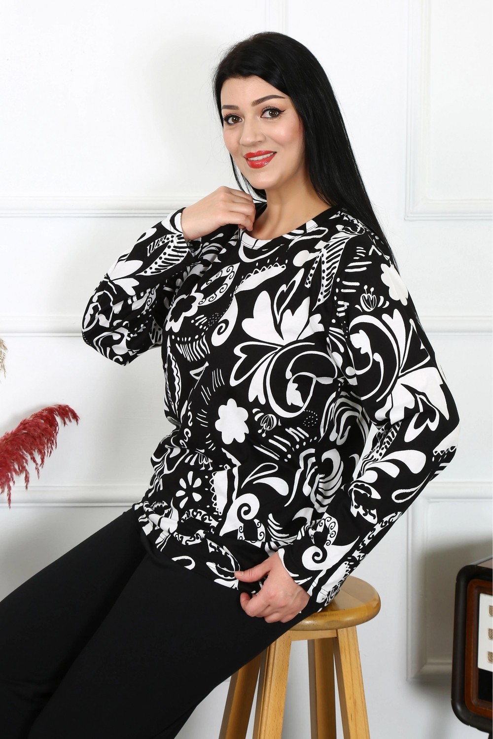 mery Kadın Büyük Beden Penye Uzun Kol Pijama Takım Mery görsel 5