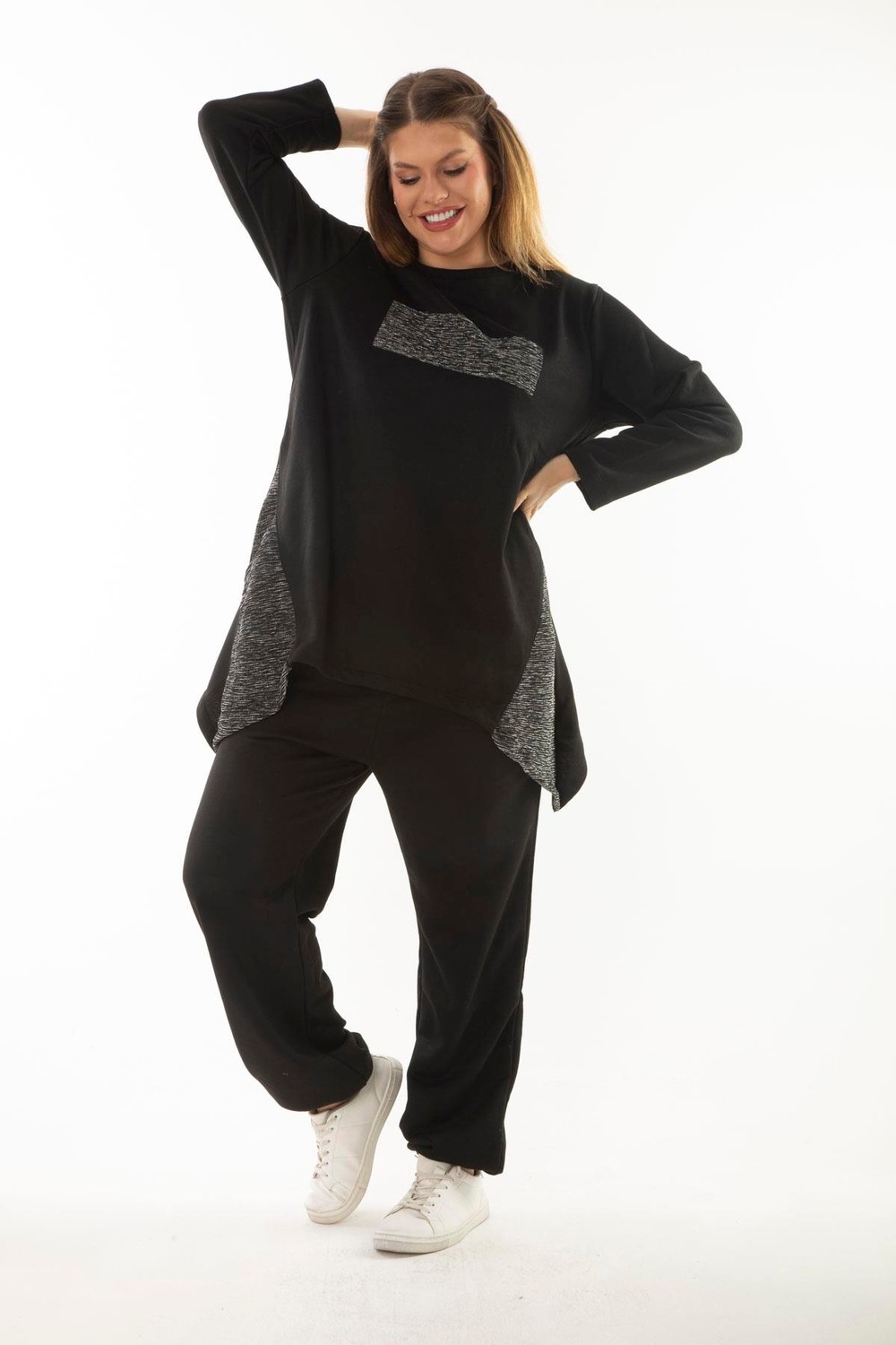 Şans Kadın Büyük Beden Siyah Sim Detaylı Sweatshirt Pantolon Ikili Takım 65N37054 görsel 3