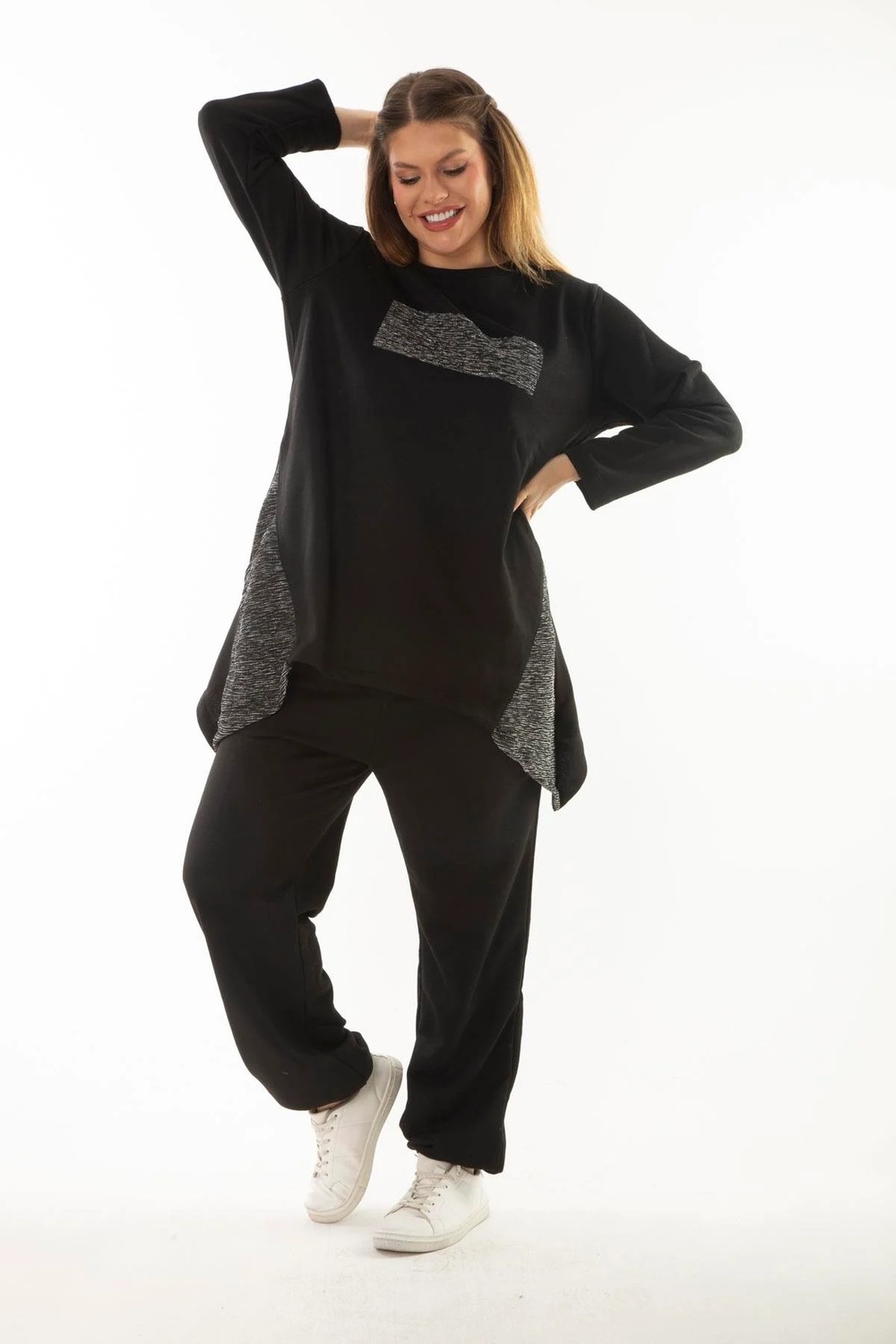 Şans Kadın Büyük Beden Siyah Sim Detaylı Sweatshirt Pantolon Ikili Takım 65N37054 görsel 4