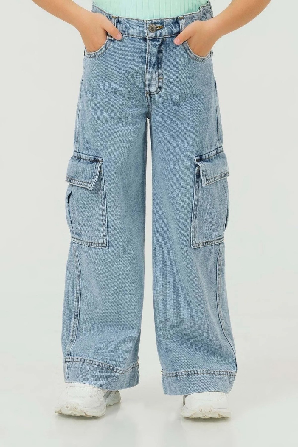 Waka Waka Kids Store Büyük Cepli Geniş Paça Açık Mavi Kız Çocuk Cargo Kot Pantolon (4-14 Yaş )Arası