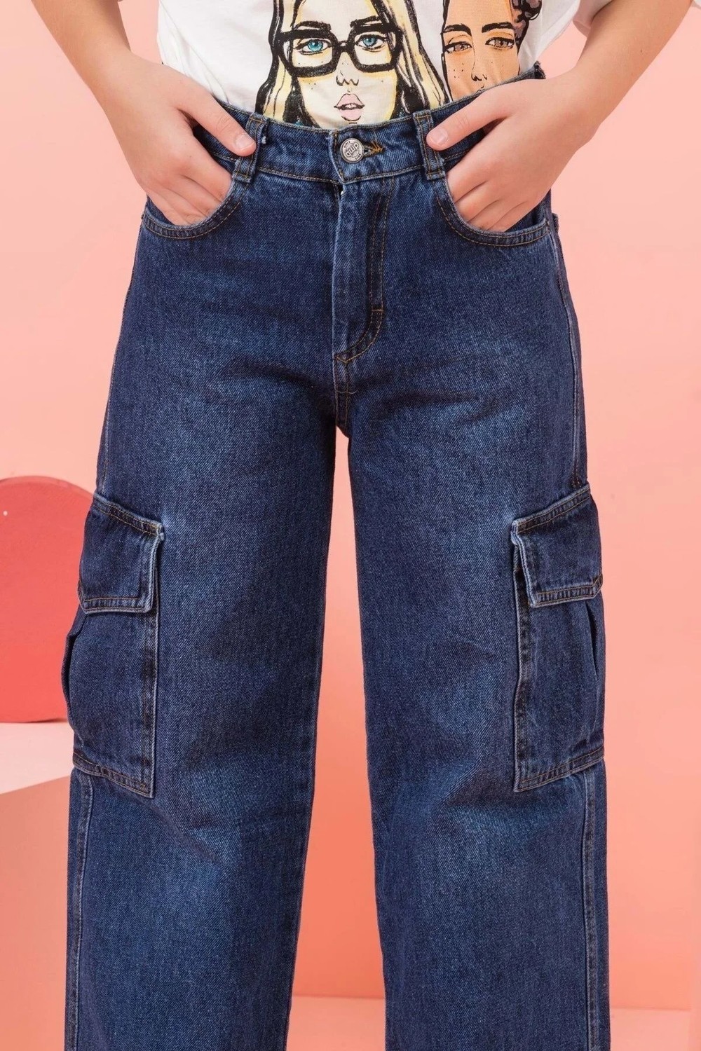 Waka Waka Kids Store Büyük Cepli Geniş Paça Açık Mavi Kız Çocuk Cargo Kot Pantolon (4-14 Yaş )Arası görsel 2