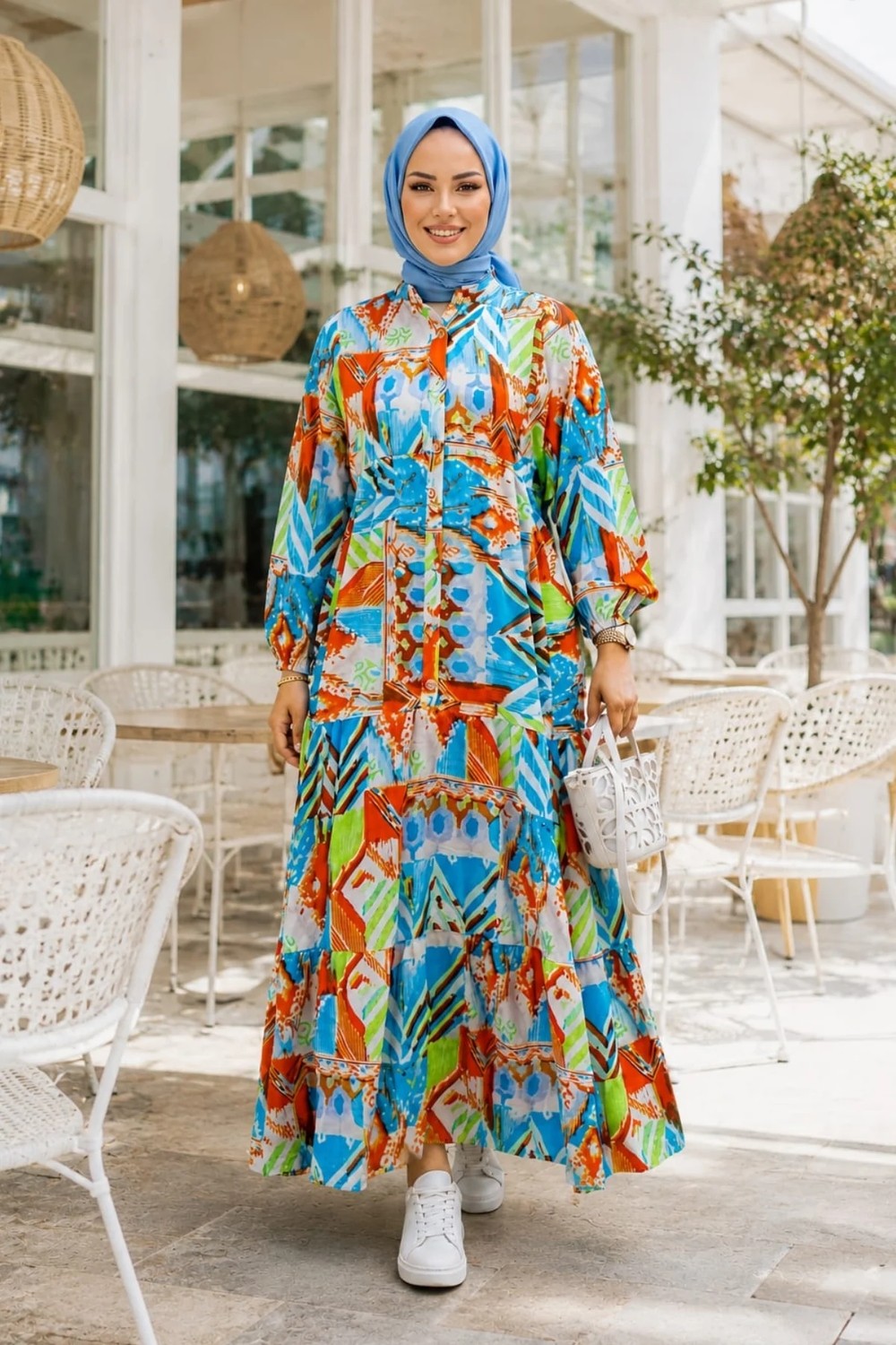 Harma Time Butik Kadın Düğmeli Çiçek Desenli Turuncu Modal Elbise görsel 3