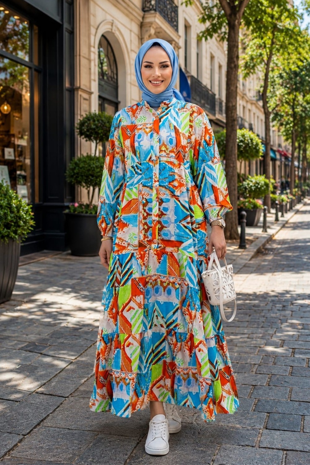 Harma Time Butik Kadın Düğmeli Çiçek Desenli Turuncu Modal Elbise görsel 4