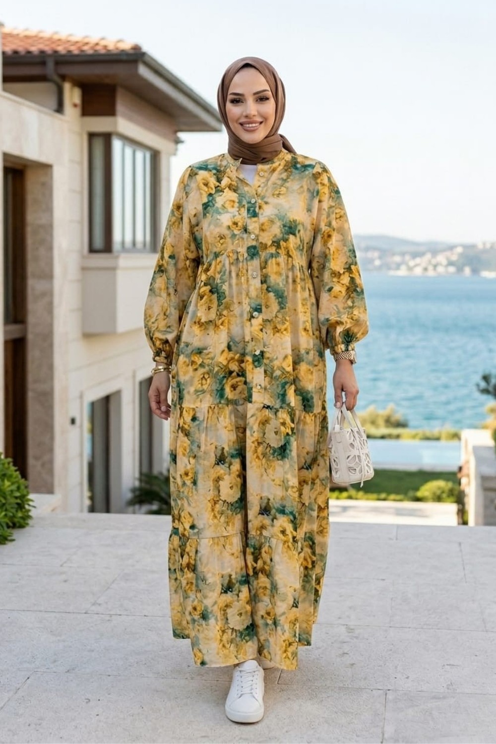 Harma Time Butik Kadın Düğmeli Çiçek Desenli Turuncu Modal Elbise