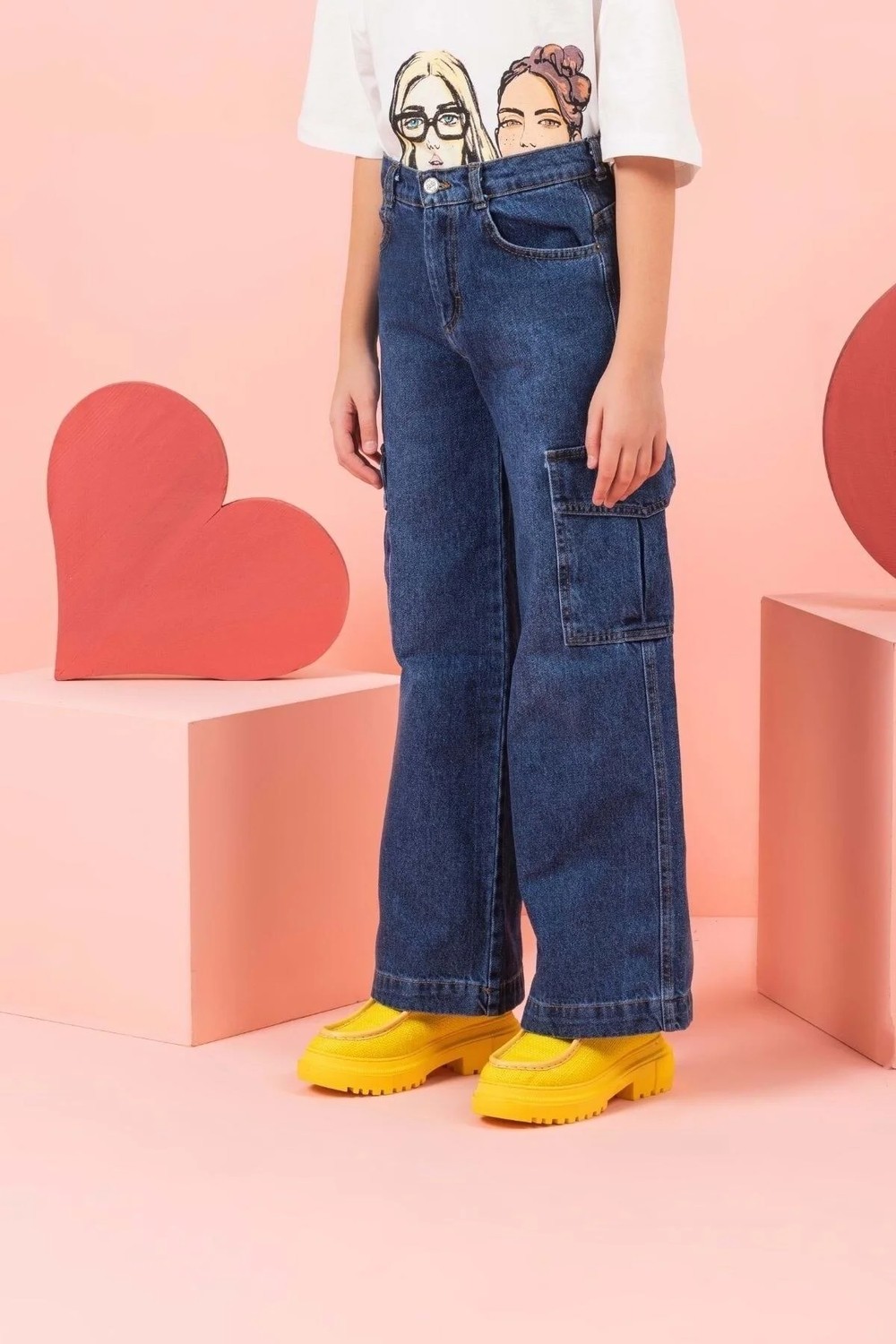 Waka Waka Kids Store Büyük Cepli Geniş Paça Açık Mavi Kız Çocuk Cargo Kot Pantolon (4-14 Yaş )Arası