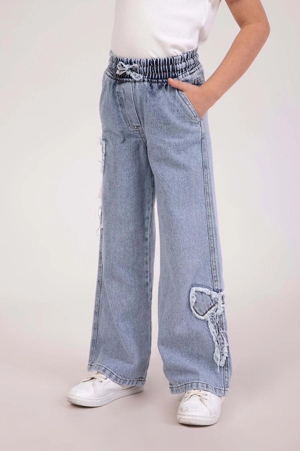 Waka Waka Kids Store Fiyonk Detaylı Açık Mavi Geniş Paça Kız Çocuk Kot Pantolon görsel 2