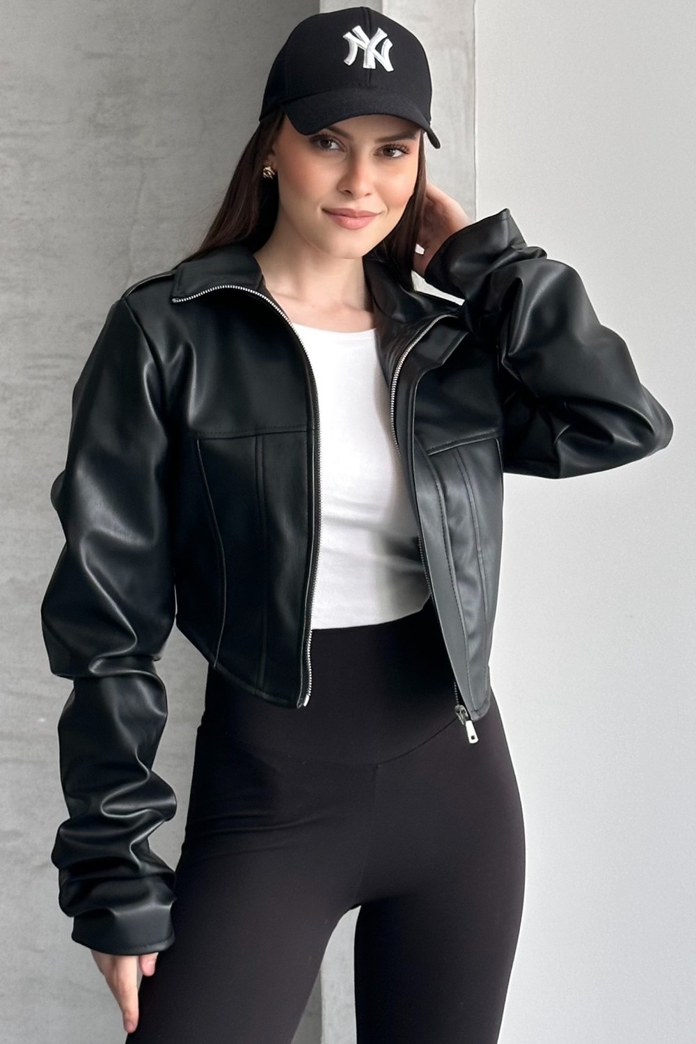 Moda Armanc Kadın Crop Korse Deri Ceket Su İtici Özellikli Suni Deri Siyah görsel 7